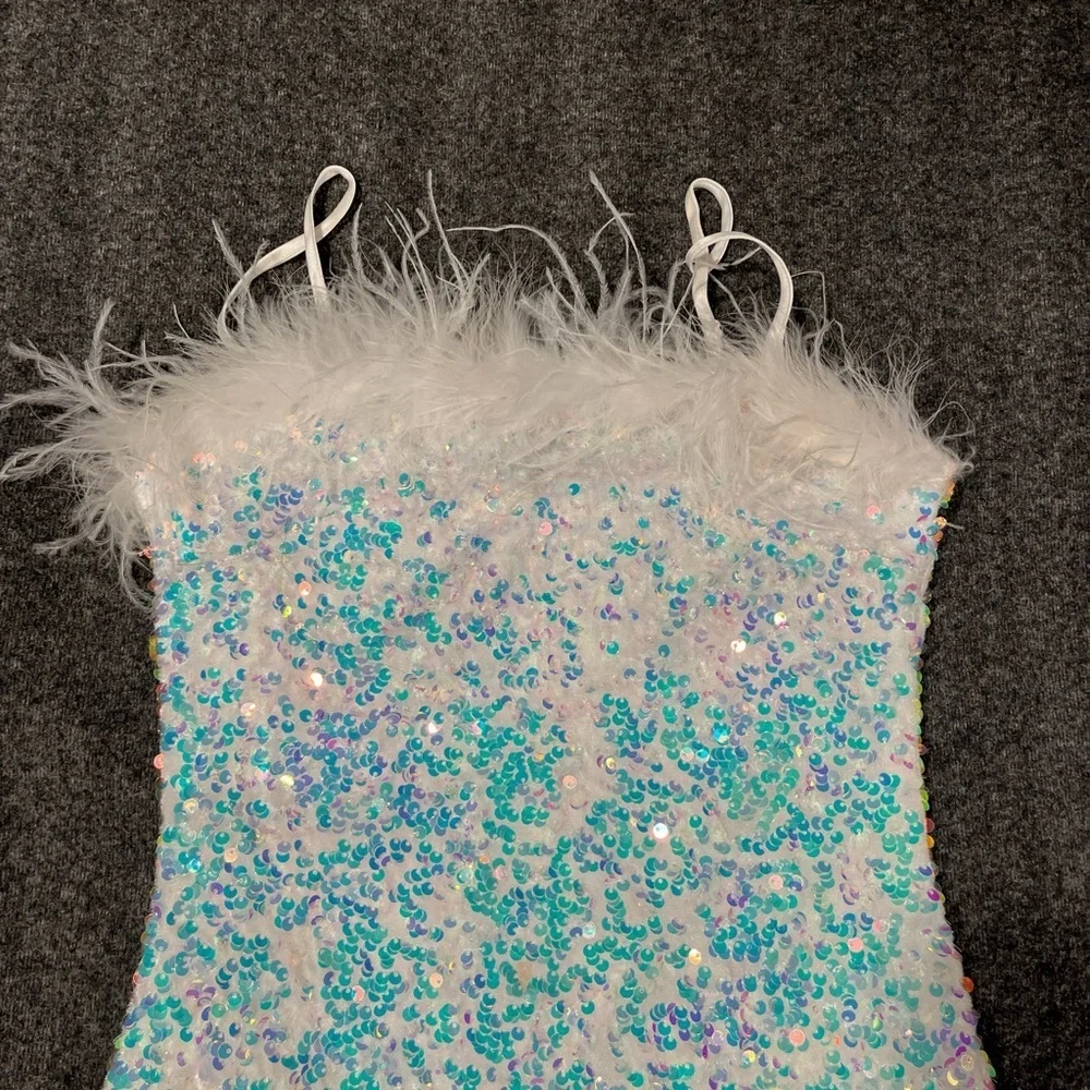 Sequin Fairycore white & blue sequin bodycon dress with feather trim. - Picture 2 of 4